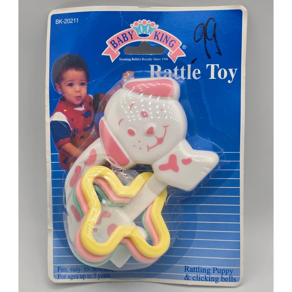 Vintage 90s NIB Baby King Rattle Toy White 1996 Puppy Dog Baby Teether Pastel